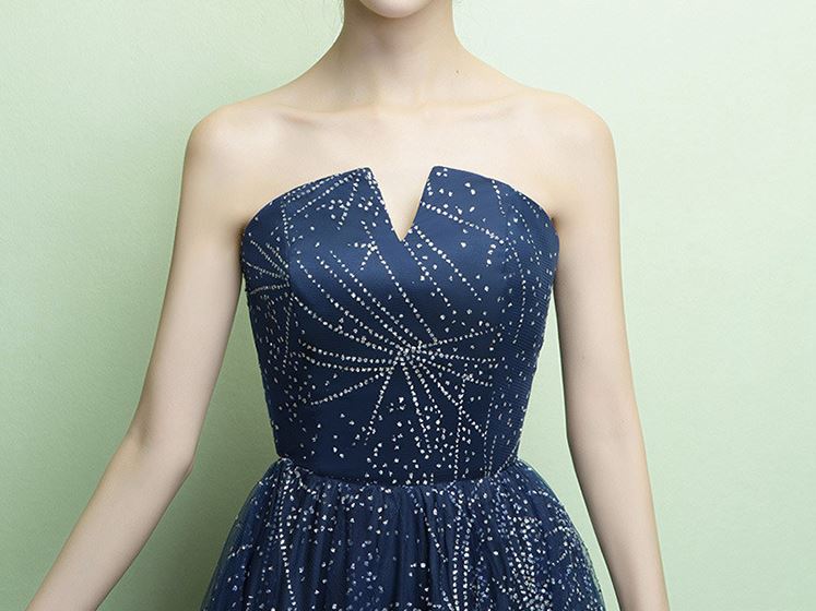 พร้อมเช่า ชุดแฟนซี ชุดราตรี เกาะอก สีNAVY BLUE กลิตเตอร์ทั้งตัว ลายอวกาศ