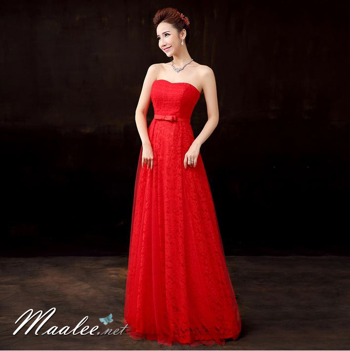 พร้อมส่ง ชุดราตรียาว เกาะอกลูกไม้ คลุมผ้าตาข่ายชั้นนอก แต่งโบว์ช่วงเอว สีแดง
