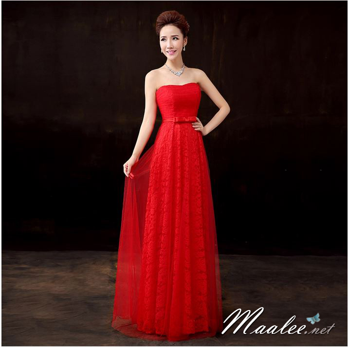 พร้อมส่ง ชุดราตรียาว เกาะอกลูกไม้ คลุมผ้าตาข่ายชั้นนอก แต่งโบว์ช่วงเอว สีแดง