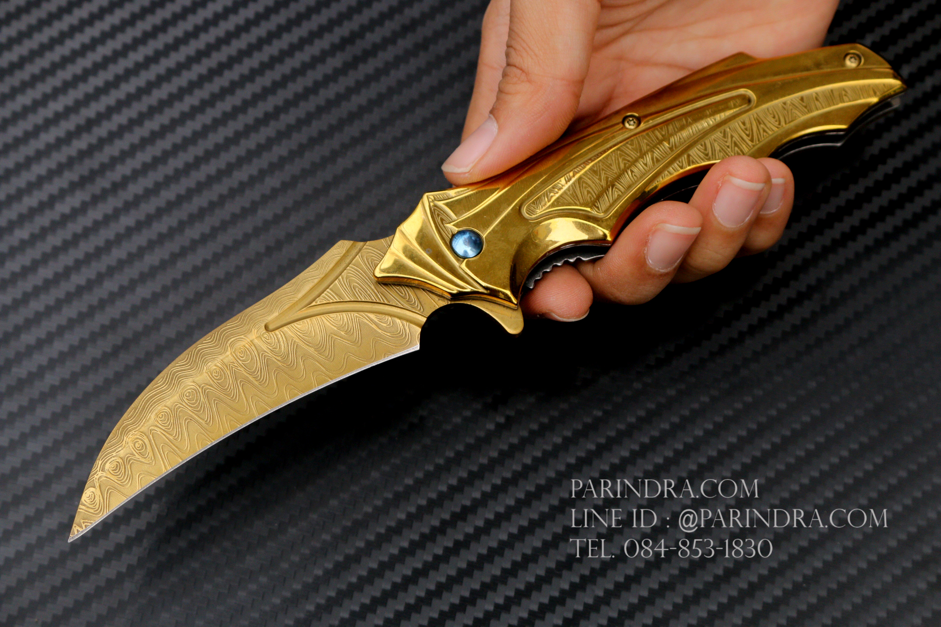 มีดพับทรงใบโค้ง ใบลายดามัสกัส สีทอง สวยมาก
