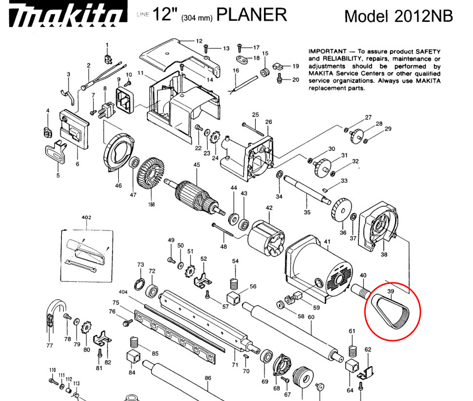 สายพาน เครื่องไสไม้ Makita-มากีต้า 2012NB [#39]