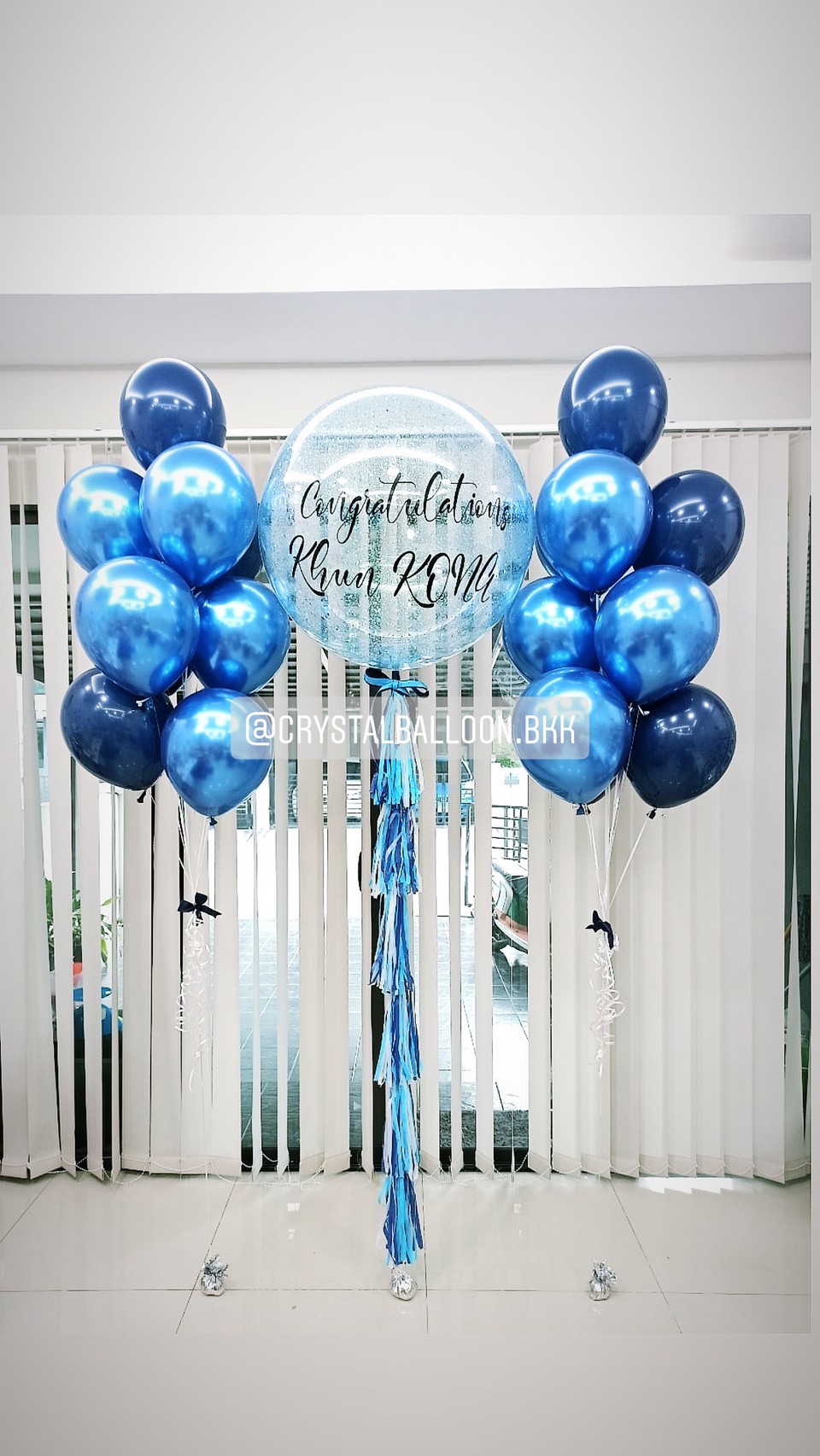 ลูกโป่ง แสดงความยินดี Bubble 36" Theme สีฟ้า พร้อม ช่อลูกโป่งโครเมี่ยม ช่อ 9 ลูก 2 ช่อ พร้อมตกเเต่ง สามารถเปลี่ยนสีลูกโป่ง/เปลี่ยนข้อความ/เปลี่ยนขนาดได้