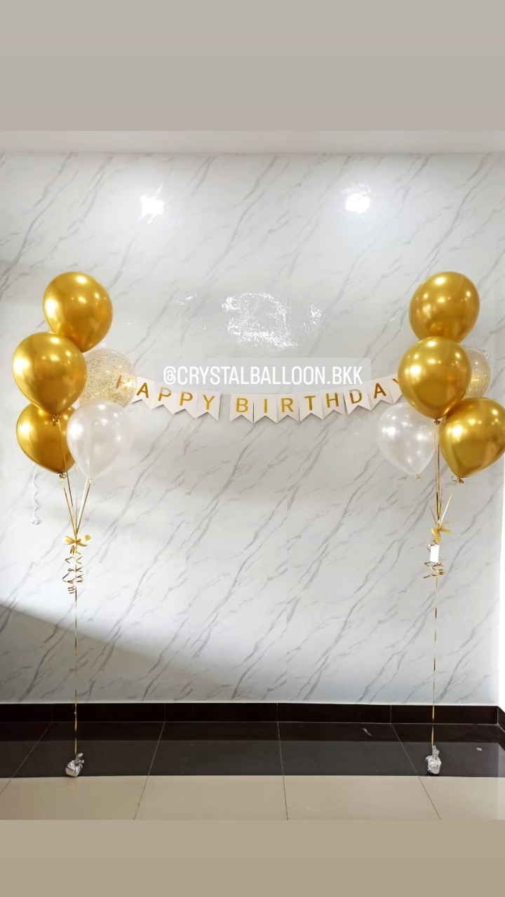 ลูกโป่ง วันเกิด ช่อลูกโป่งสีทอง 5 ลูก 2 ช่อ พร้อม ป้ายธง Happy Birthday 1 ชิ้น พร้อมตกแต่ง สามารถเปลี่ยนสีลูกโป่ง/เปลี่ยนสี-ป้ายธงได้