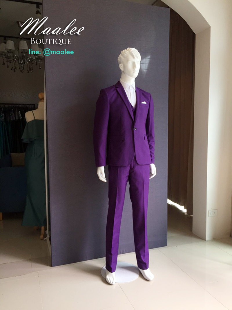 พร้อมเช่า ชุดสูทชาย สีม่วง สไตล์เกาหลี (พร้อมเสื้อกั๊ก)