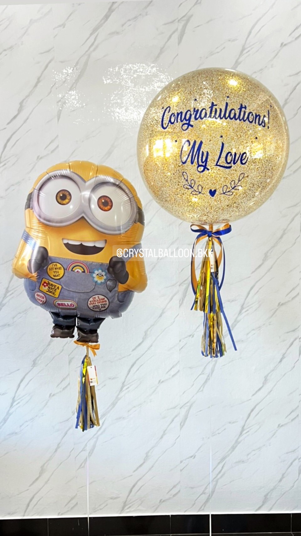 ลูกโป่ง แสดงความยินดี Bubble ขนาด 24" พร้อม ฟอยล์ Minion Anagram+พู่ 1 ชิ้น พร้อมตกเเต่ง สามารถเปลี่ยนสีลูกโป่ง/เปลี่ยนข้อความ/เปลี่ยนขนาดได้