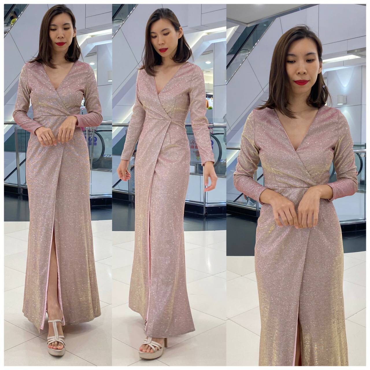 พร้อมเช่า ชุดเดรส เดรสแขนยาว เนื้อผ้า glitter ชิมเมอร์ ดีเทลสวย สีเงิน สีเทา