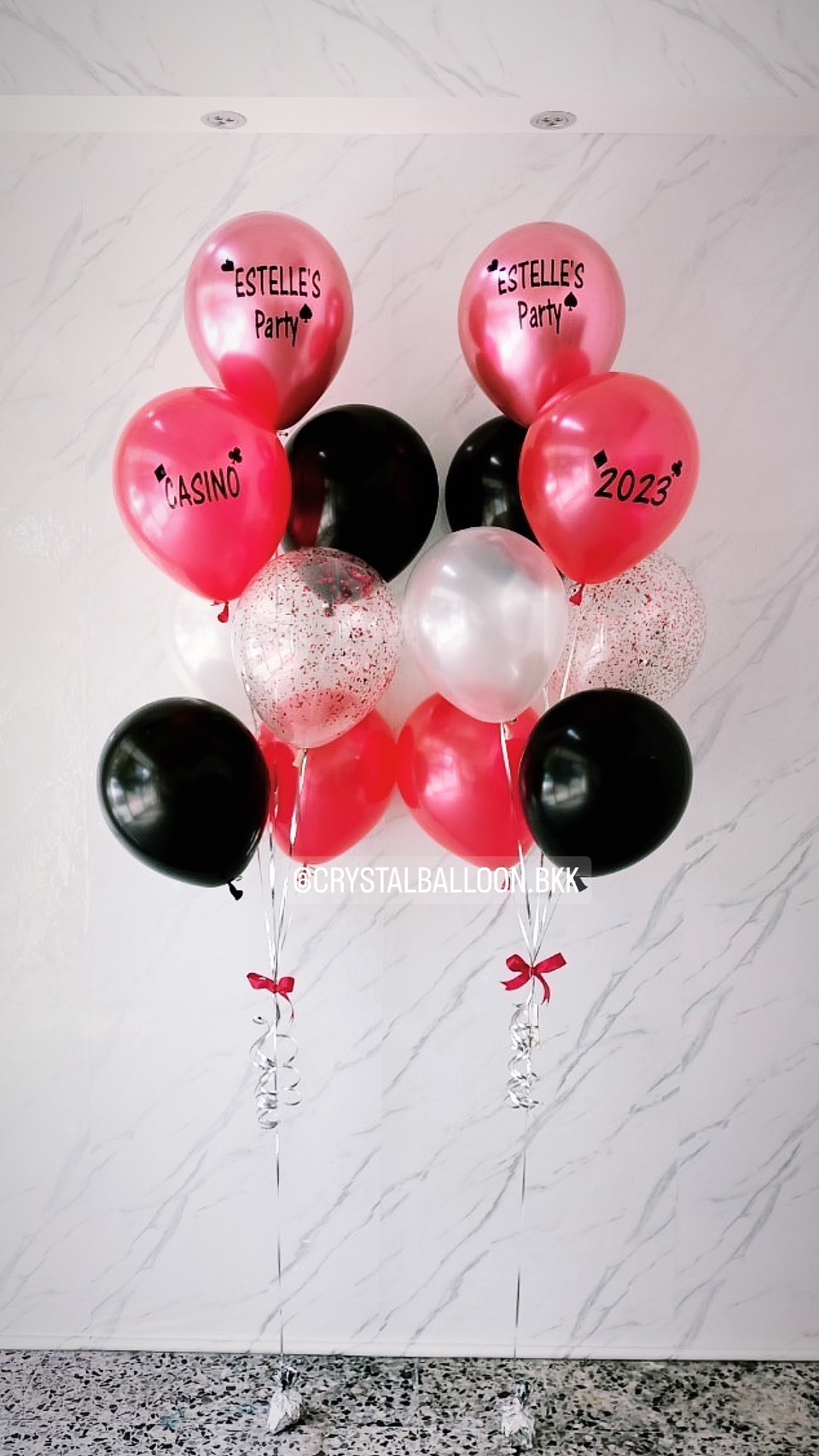 ลูกโป่ง แสดงความยินดี ช่อลูกโป่ง 7 ลูก 2 ช่อ Theme ดำ-แดง พร้อมตกแต่ง ลูกโป่งใส ใส่กลิตเตอร์ สามารถเปลี่ยนสีลูกโป่ง/เปลี่ยนข้อความได้