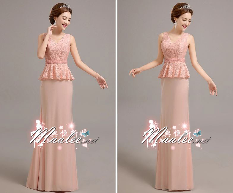 พร้อมเช่า ชุดราตรียาว แขนกุด ลูกไม้แต่งเลื่อม คาดเอวแผงลูกปัด สีชมพู