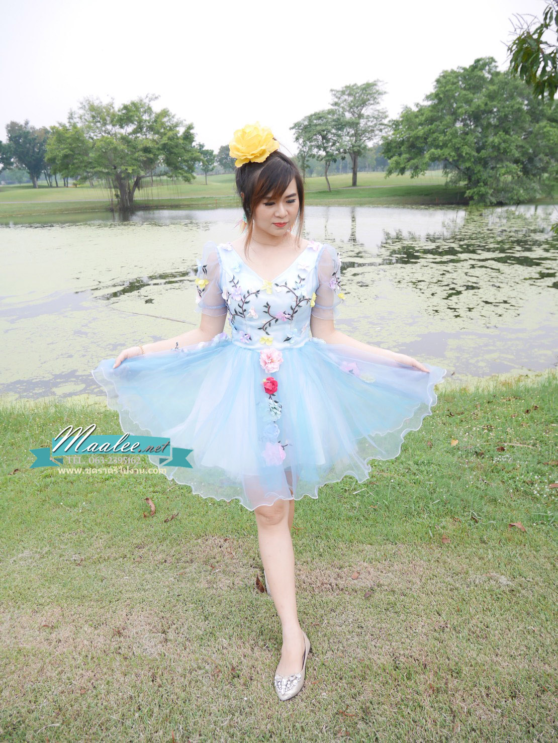 พร้อมเช่า ชุดแฟนซีสั้น สีฟ้า แขนยาว แต่งดอก Fairy สไตล์เจ้าหญิง กระโปรงพองสวยชายย้วย เชือกผูกหลัง