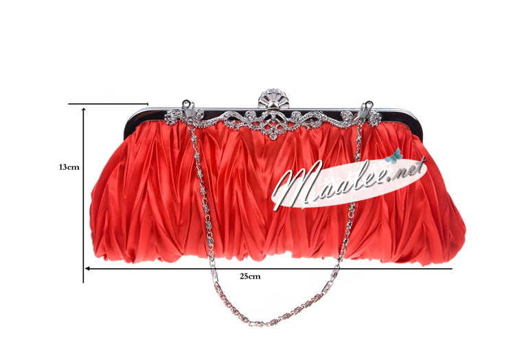 พร้อมส่ง Evening Clutch กระเป๋าออกงาน สีชมพู Hot Pink ผ้าซาตินอัดพลีต ลายฟันปลา พร้อมสายโซ่