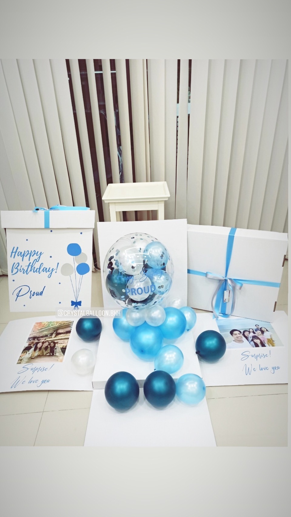 Happy Birthday Surprise Box กล่องเซอร์ไพรส์วันเกิด โทนสีฟ้า Bubble ตั้งฐาน สามารถใส่เงินได้ พร้อมตกแต่ง สามารถใส่รูปได้ 2 ใบ สามารถเปลี่ยนสีลูกโป่ง/เปลี่ยนข้อความได้