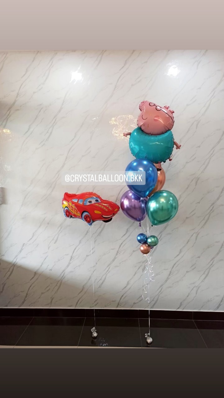 ลูกโป่ง วันเกิดเด็ก ช่อลูกโป่ง Peppa Pig ช่อ 5 ลูก 1 ช่อ พร้อมตกแต่ง ฟอยล์รถแข่ง 1 ชิ้น สามารถเปลี่ยนสีลูกโป่ง/เปลี่ยนสี-ฟอยล์ตกแต่งได้