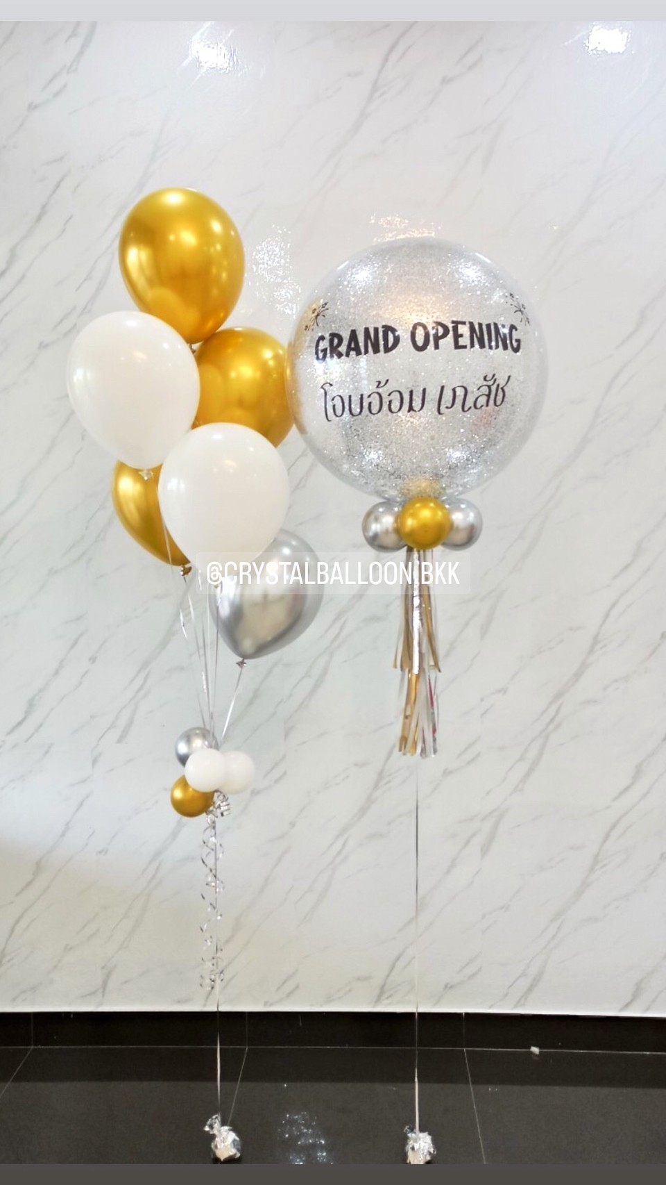 ลูกโป่ง เปิดงาน Bubble ขนาด 24" กลิตเตอร์สีเงิน พร้อม ช่อลูกโป่ง 6 ลูก 1 ช่อ พร้อมตกแต่ง สามารถเปลี่ยนสีลูกโป่ง/เปลี่ยนข้อความ/เปลี่ยนขนาดได้