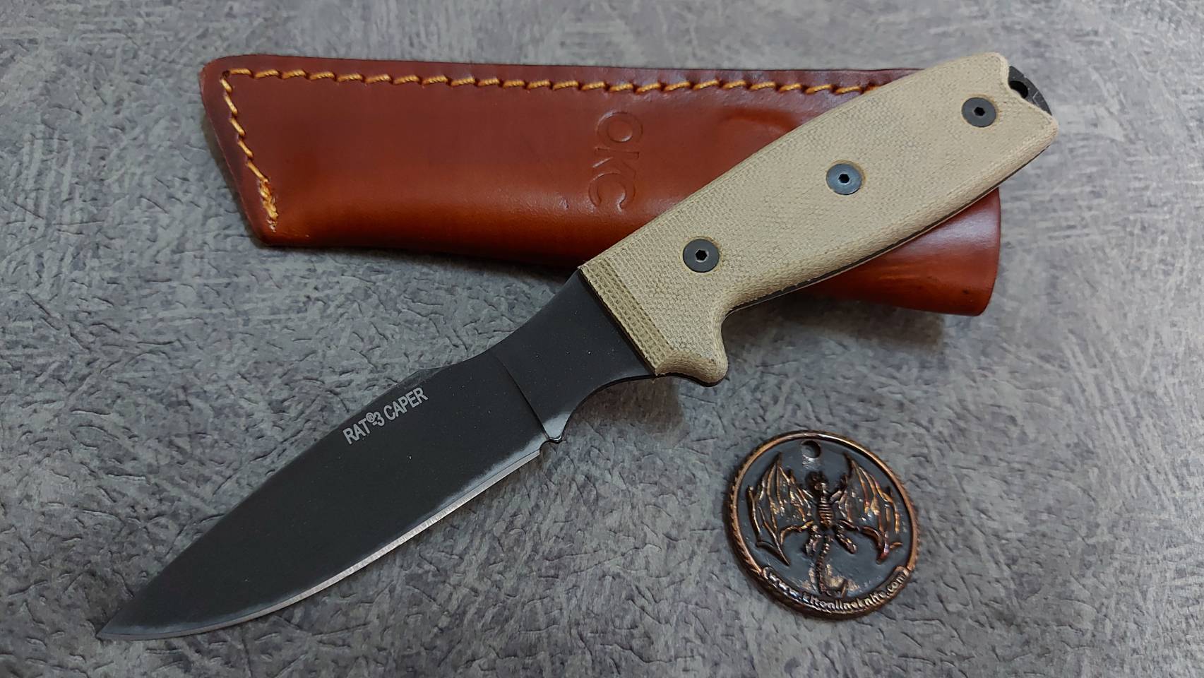 Ontario OKC RAT-3 Caper Fixed Blade Knife Tan Micarta (3" Black)