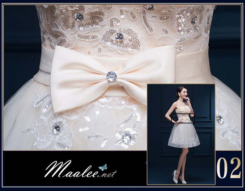 พร้อมเช่า ชุดราตรีสั้น เกาะอก แต่งดอกช่วงอก ผ้าตาข่ายปักเลื่อม แต่งโบว์คริสตัลช่วงเอว สีครีม Champagne