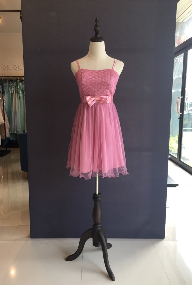 Sale พร้อมส่ง ชุดราตรีสั้น สายเดี่ยว สีชมพูกลีบบัว