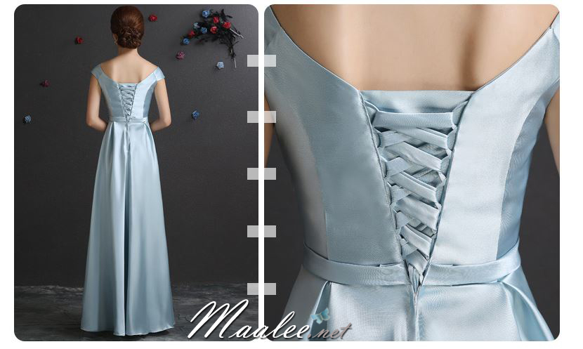 พร้อมเช่า ชุดราตรียาว ชุดเพื่อนเจ้าสาว สีฟ้า แบบ E ไหล่ปาด ผ้าซาติน มีโบว์ช่วงเอว (เชือกผูกด้านหลัง)