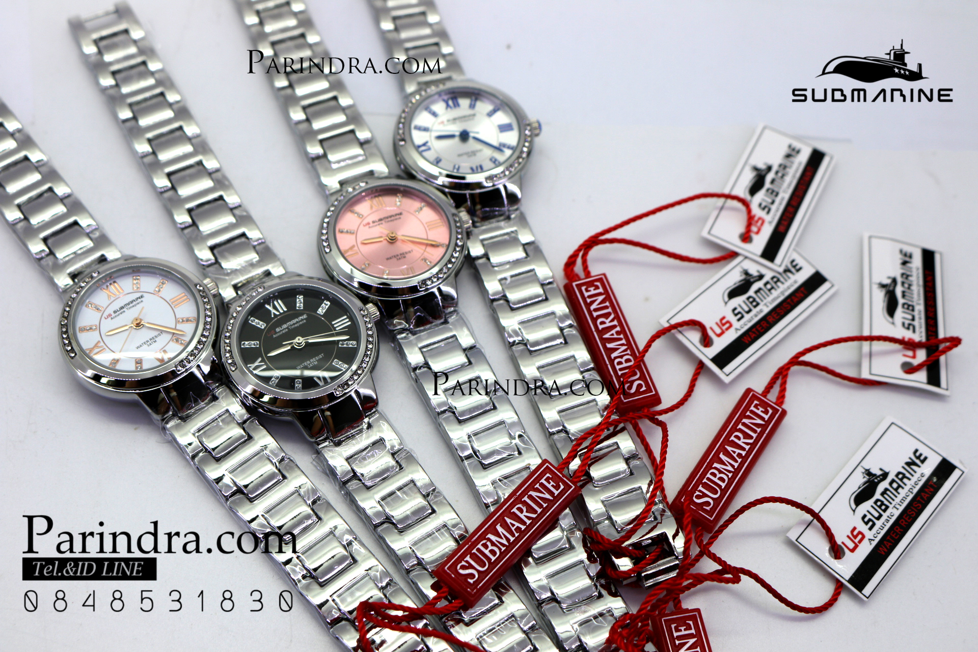 นาฬิกา US submarine รุ่น J120L กรอบหน้าปัดคริตตัล หน้าปัดสีขาวตัวเลขน้ำเงิน สายสแตนเลสสีเงินเงา