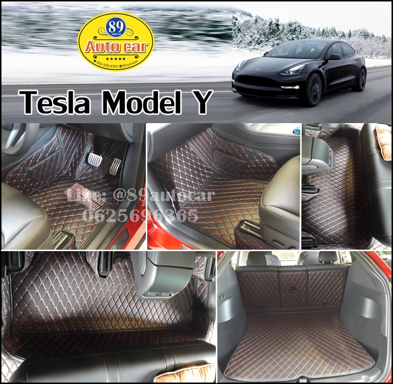 พรมรถยนต์ Tesla Model Y ปูพรม6D สีดำด้ายแดง ลายเคฟล่า เต็มคัน