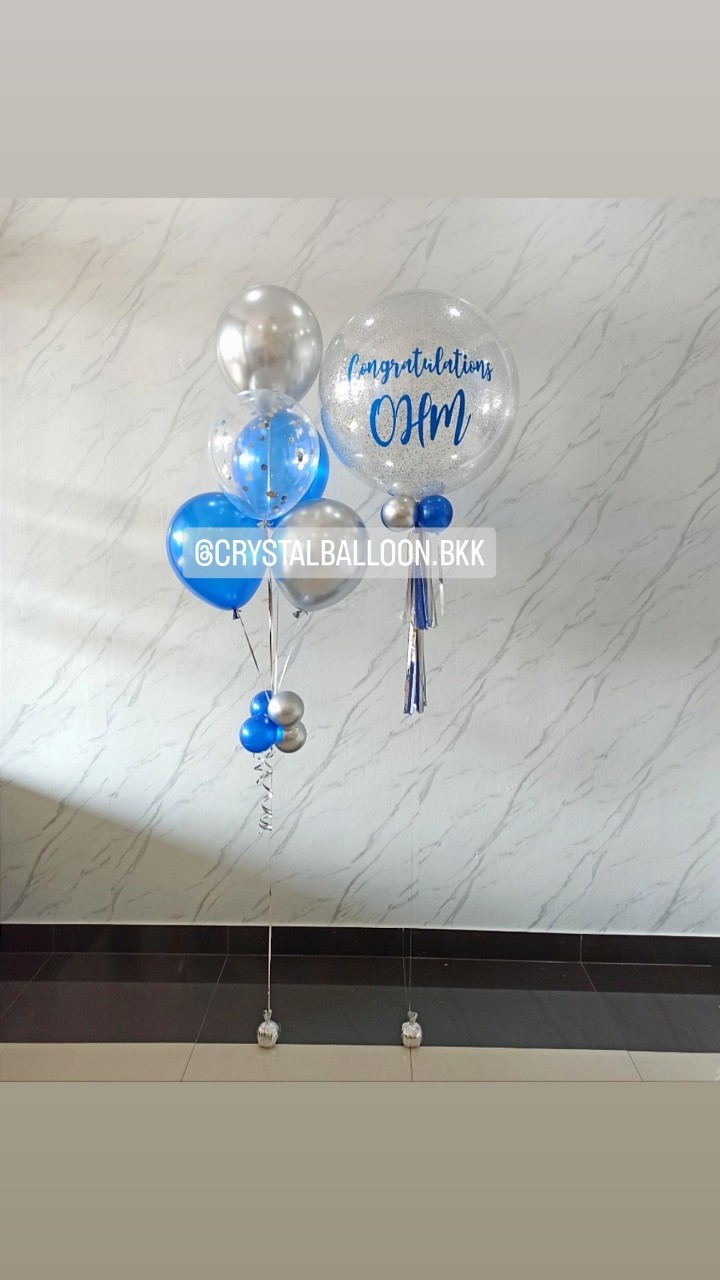 ลูกโป่ง รับปริญญา Bubble ขนาด 24" Theme น้ำเงิน-เงิน พร้อมตกแต่ง ช่อลูกโป่ง 5 ลูก 1 ช่อ,ลูกโป่งใส ใส่กลิตเตอร์ สามารถเปลี่ยนสีลูกโป่ง/เปลี่ยนข้อความ/เปลี่ยนขนาดได้