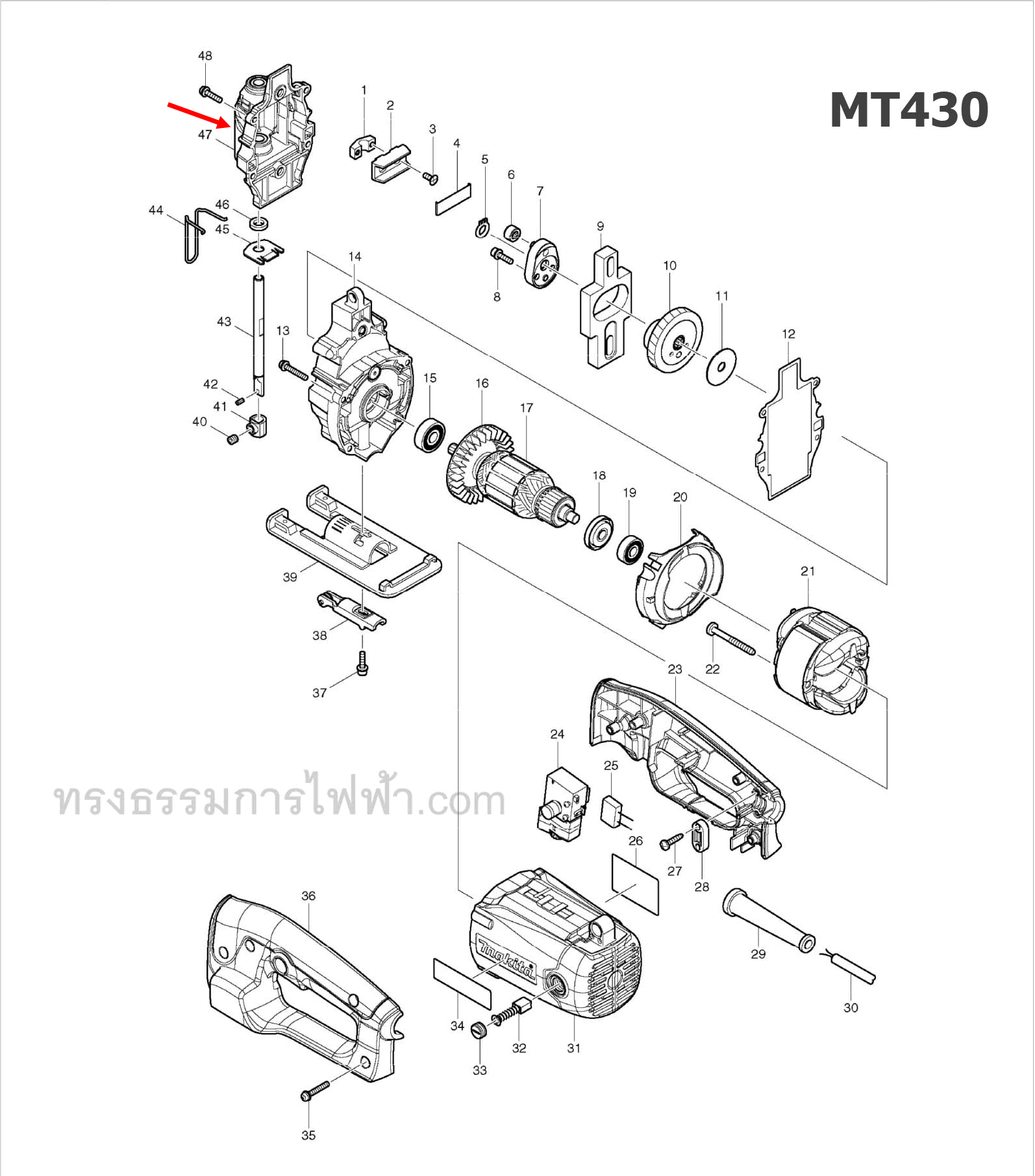 ฝาปิดเสื้อเฟือง จิ๊กซอว์ มาคเทค-Maktec, Makita มากีต้า MT430, M4302, M4302B [#47] Pn.158871-0 (แท้) ## (*)