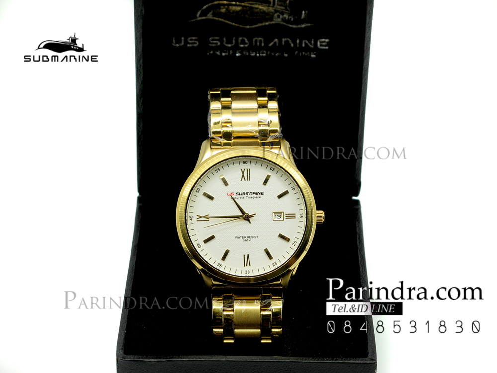 นาฬิกาคู่ US submarine รุ่น J117MD เรือนสีทองหน้าปัดสีขาว เลขโรมัน แพคคู่