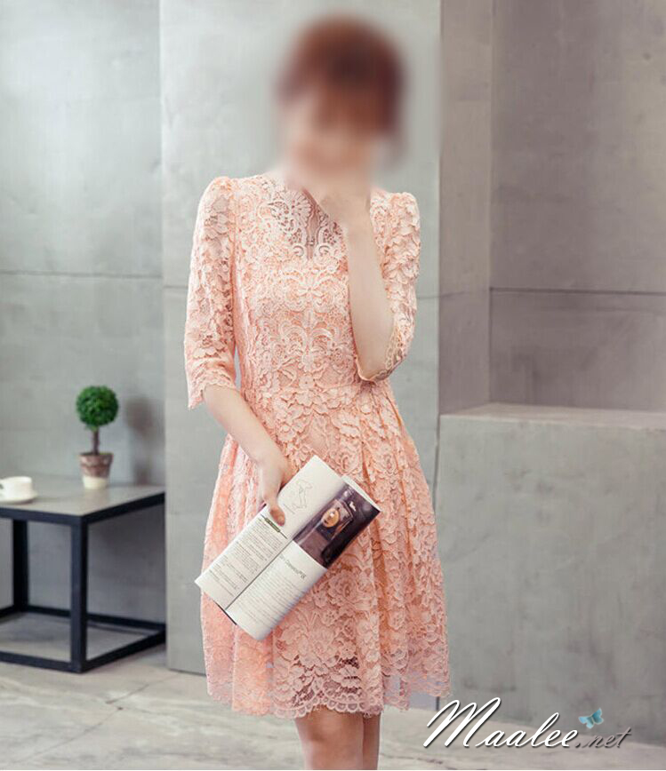 พร้อมส่ง ชุดราตรีสั้น/แขนยาว คอวี เนื้อผ้าลูกไม้ & Cotton แต่งซิปข้าง สีแดง (เหลือเฉพาะไซส์ 3XL)