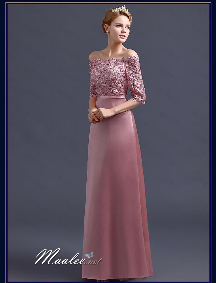 พร้อมเช่า ชุดราตรียาว แบบปาดไหล่ สีชมพูNude ผ้าซาติน แต่งลูกไม้ (เชือกผูกหลัง)