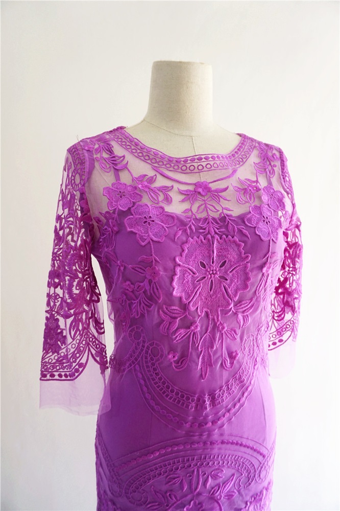 พร้อมส่ง ชุดราตรีสั้น/แขนยาว สี ม่วง ลูกไม้ทั้งชุด กระโปรงอัดพลีท (เหลือเฉพาะไซส์ 2XL)