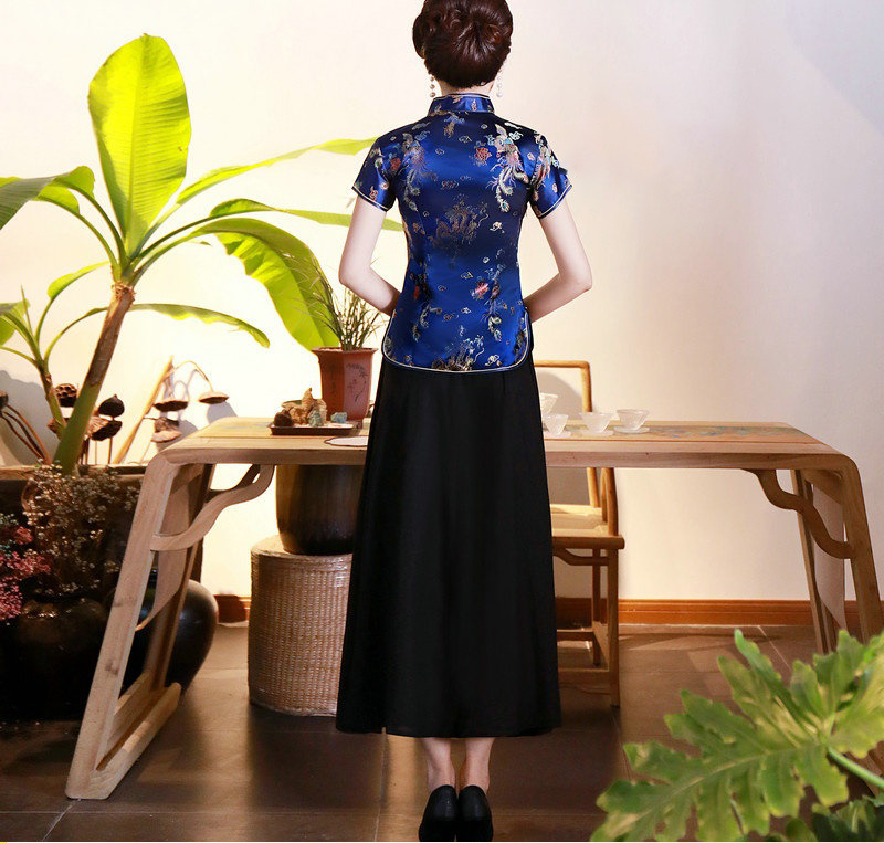 Pre-order เสื้อกี่เพ้า สีน้ำเงิน ลายมังกรนกฟินิกซ์ ผ้าไหมจีน กุ๊นขอบ ตัดเย็บอย่างดี