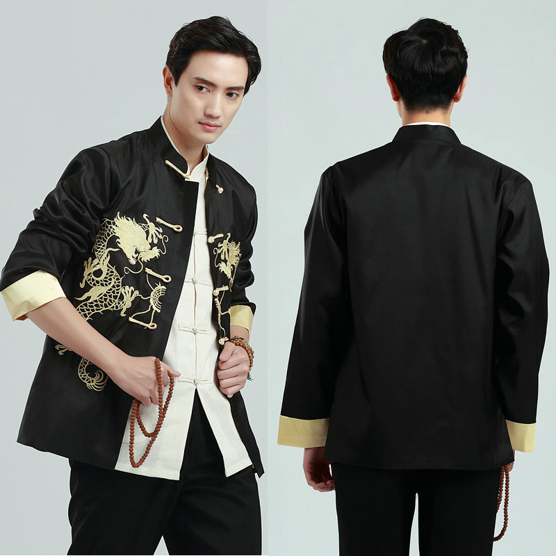 Pre-order ชุดจีน ชาย เสื้อคอจีน ผ้าไหมจีน สีดำ ปักลายมังกร
