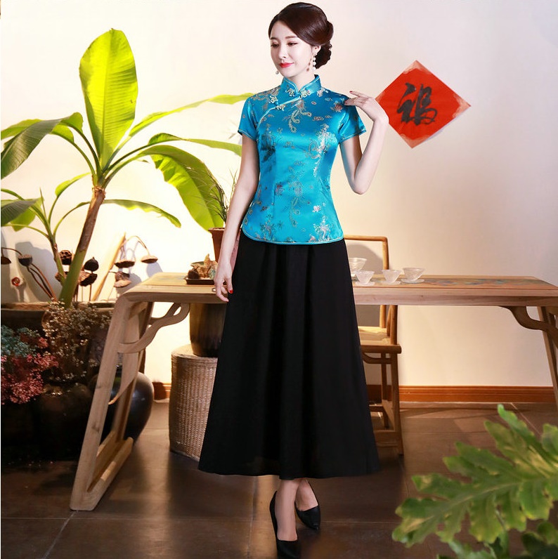 Pre-order เสื้อกี่เพ้า สีฟ้า ลายมังกรนกฟินิกซ์ ผ้าไหมจีน กุ๊นขอบ ตัดเย็บอย่างดี