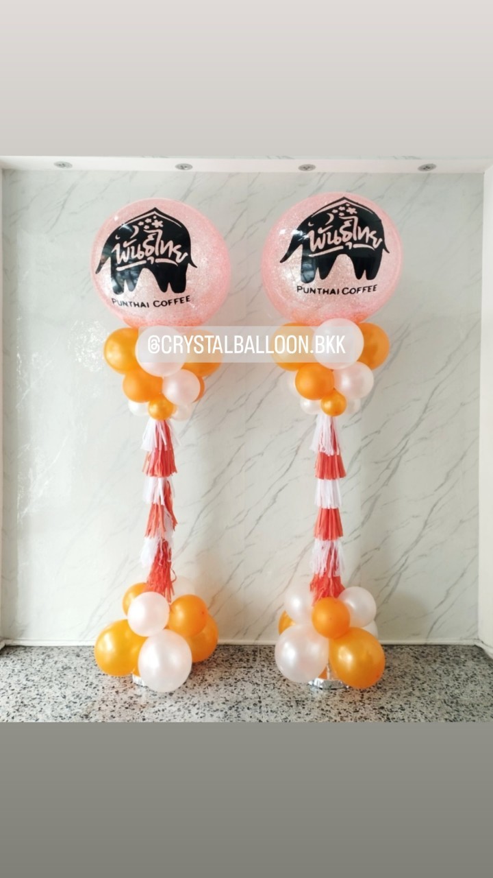 เสาลูกโป่ง เปิดร้าน Bubble ขนาด 36" กลิตเตอร์สีส้ม 2 เสา พร้อมตกแต่ง สามารถเปลี่ยนสีลูกโป่ง/เปลี่ยนข้อความได้