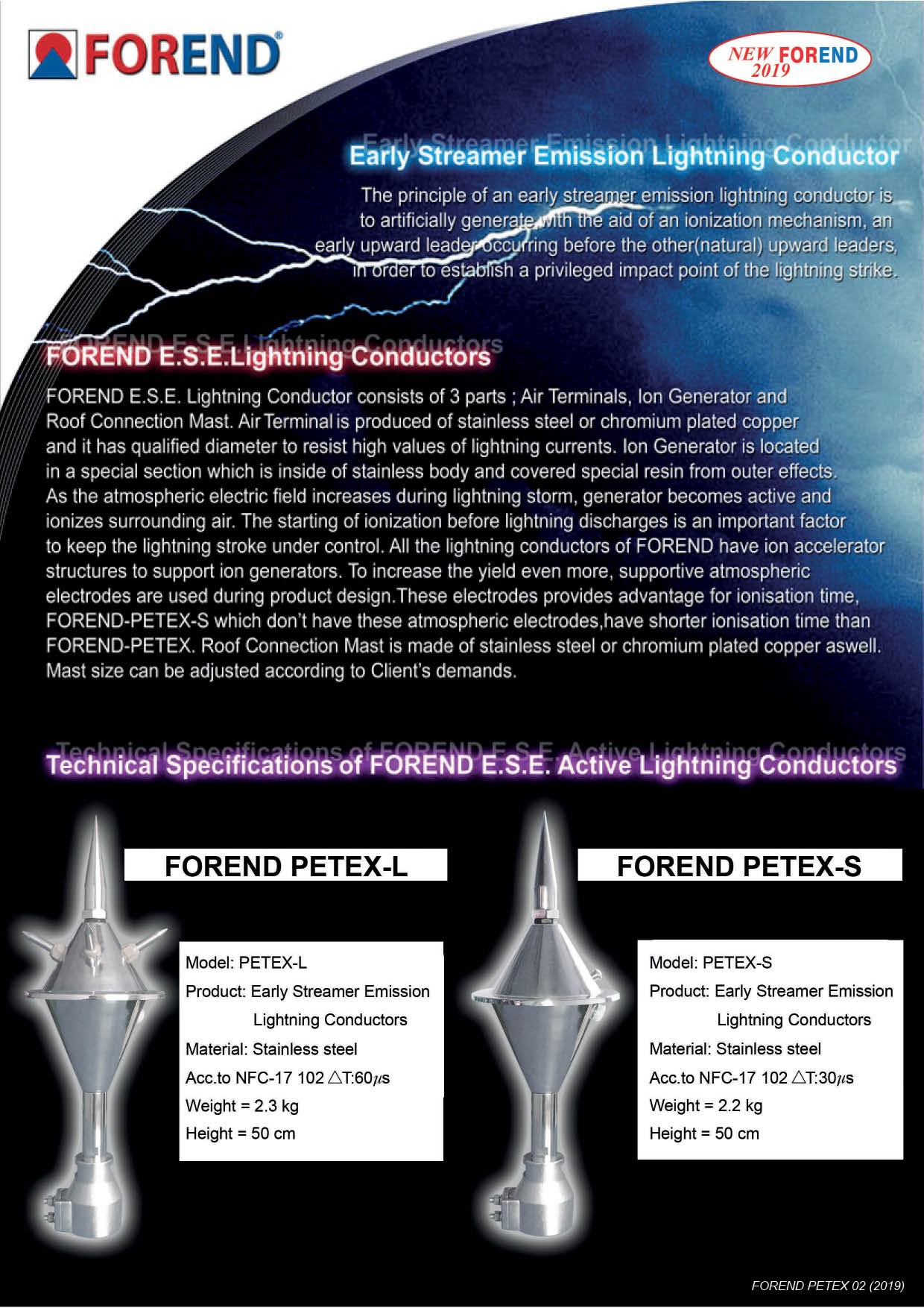 FOREND หัวล่อฟ้าชนิด Early Streamer Emission รุ่น Petex-S Lightning Protection
