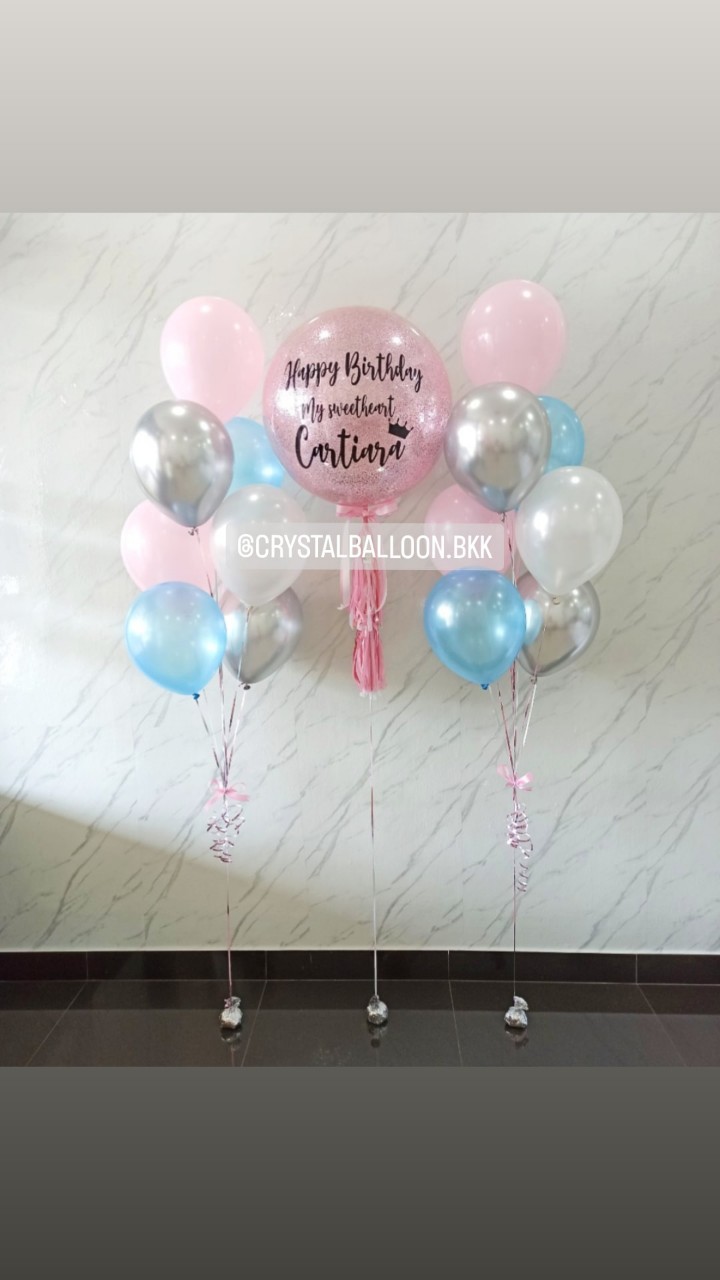 ลูกโป่ง วันเกิดเด็ก Bubble ขนาด 24" กลิตเตอร์สีชมพู พร้อม ช่อลูกโป่ง ช่อ 7 ลูก 2 ช่อ พร้อมตกแต่ง สามารถเปลี่ยนสีลูกโป่ง/เปลี่ยนข้อความ/เปลี่ยนขนาดได้