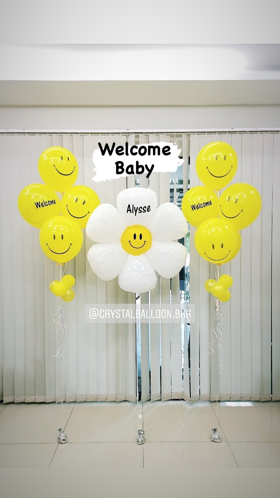ลูกโป่ง Welcome Baby ช่อลูกโป่งหน้ายิ้มเหลือง 5 ลูก 2 ช่อ พร้อมตกแต่ง ฟอยล์ดอกเดซี่ใหญ่ 1 ดอก สามารถเปลี่ยนสีลูกโป่ง/เปลี่ยนข้อความ/เปลี่ยนฟอยล์ตกแต่งได้