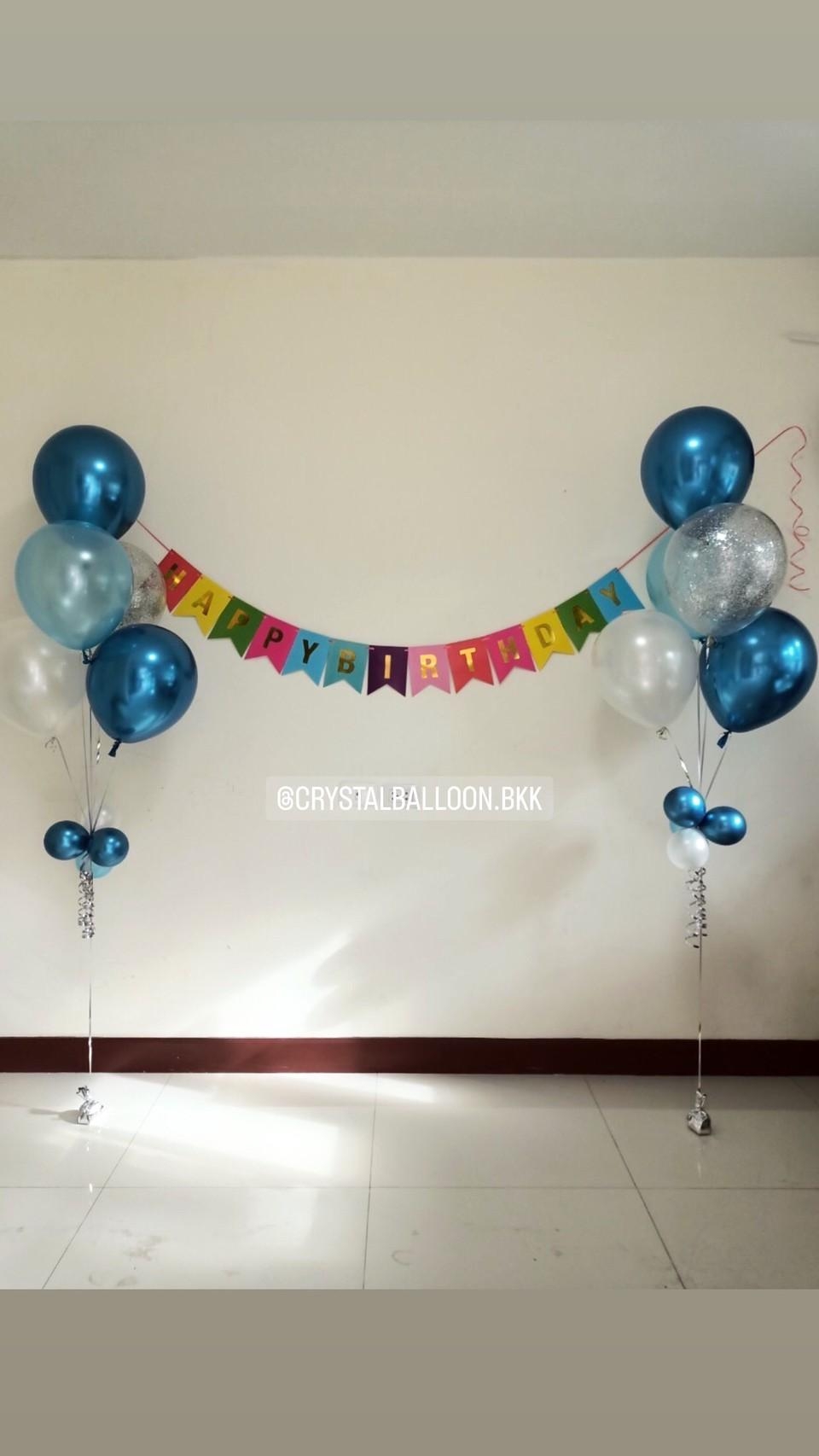 ลูกโป่ง วันเกิด ช่อลูกโป่ง 5 ลูก 2 ช่อ พร้อมตกแต่ง ป้ายธง Happy Birthday หลากสี,ลูกโป่งใส ใส่กลิตเตอร์ สามารถเปลี่ยนสีลูกโป่ง/เปลี่ยนสี-ป้ายธงได้