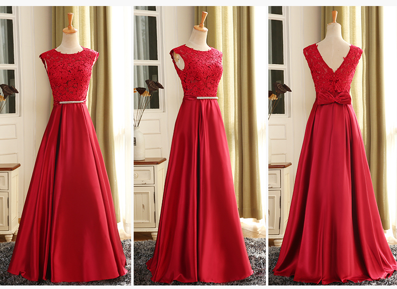 พร้อมเช่า ชุดราตรียาว แขนกุด สีแดง อกแต่งลูกไม้ กรโปรงเนื้อผ้ามัน คาดเอวคริสตัล เซ็กซี่ผ้าหลัง เพิ่มเข็มกลัดโบว์ช่วงหลัง