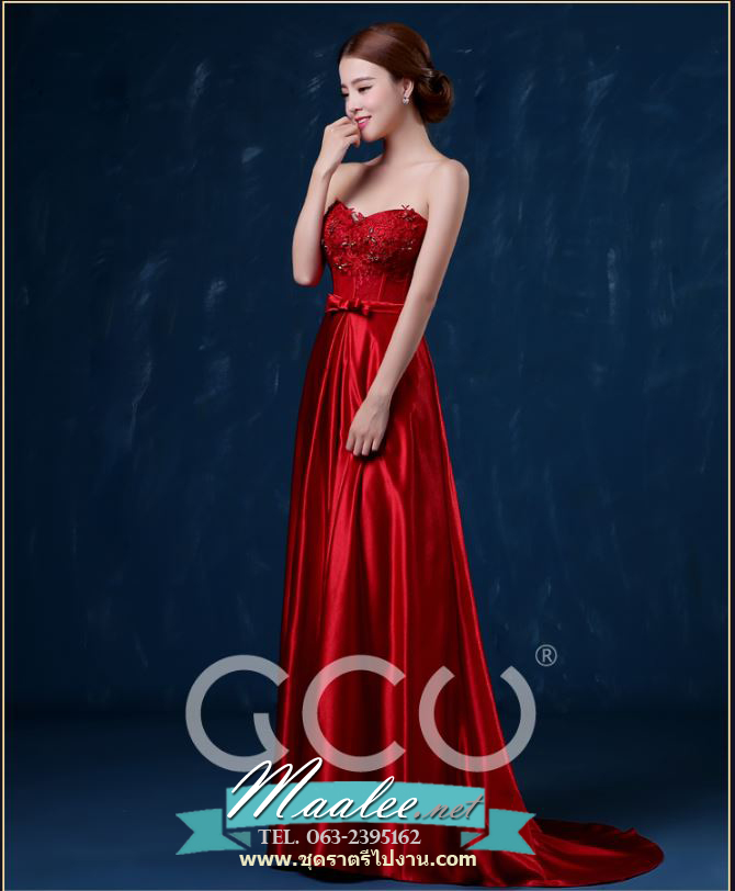 พร้อมส่ง ชุดราตรียาว แบบเกาะอก/ชายยาว สีแดง มีฟองน้ำในตัว เสริมโครงข้างลำตัว หรูมาก ช่วงอกแต่งลูกไม้&คริสตัล (ซิปหลัง)
