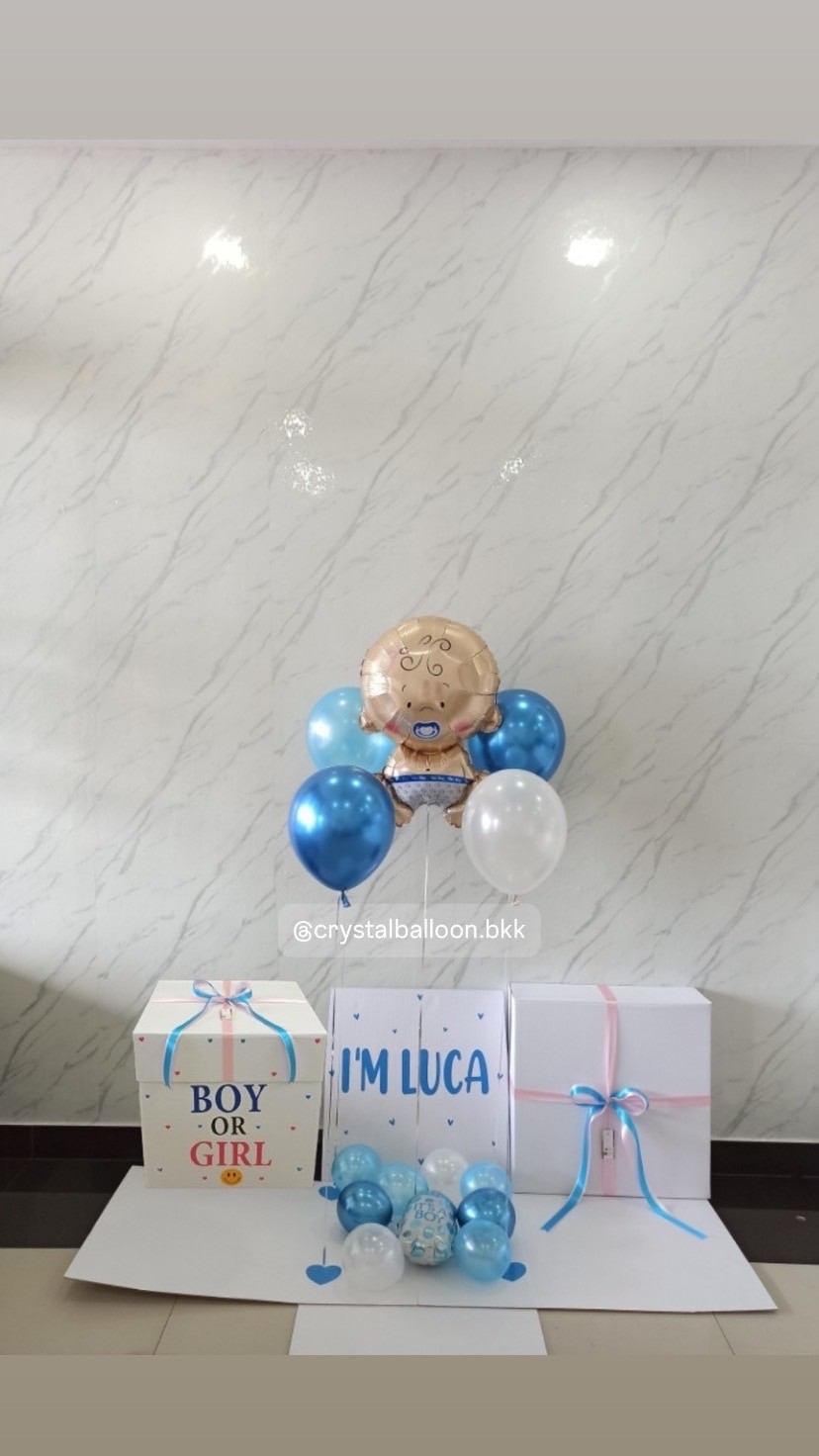 Gender Reveal Surprised Box กล่องทายเพศ พร้อมตกแต่ง ลูกโป่ง 4 ลูก ฟอยล์เด็กทารก 1 ชิ้น,สามารถใส่รูปได้ 2 รูป สามารถเปลี่ยนสีลูกโป่ง/เปลี่ยนสี-ฟอยล์ตกแต่ง/เปลี่ยนข้อความได้