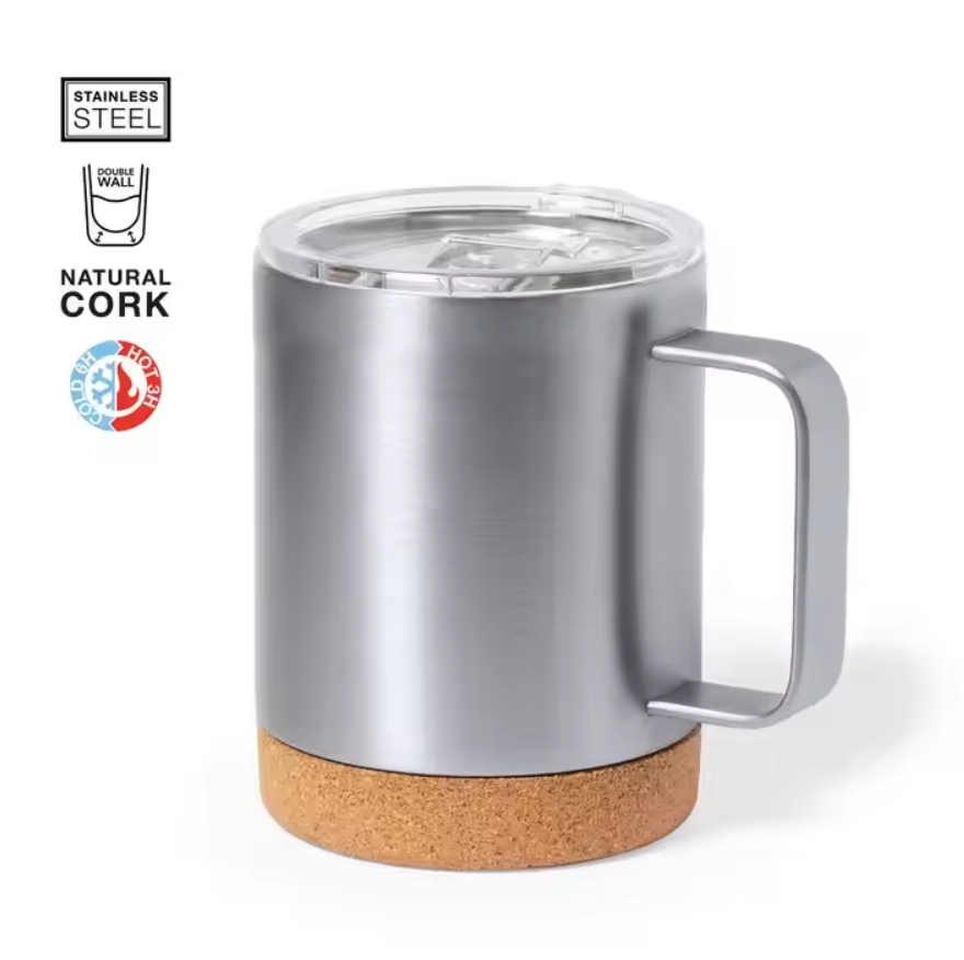แก้วสแตนเลสทรงกระบอกมีหูจับ ฐานไม้คอร์ก รุ่น C10051 12 ออนซ์/350-360 ml