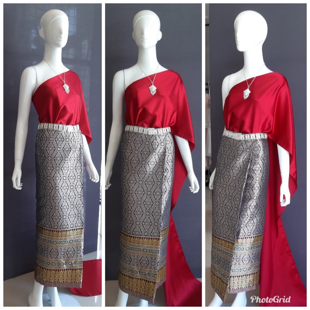 เช่า ชุดไทย ชุดเพื่อนเจ้าสาว ชุดไทยผ้าซิ่นสีแดง สไบเรียบสีแดง