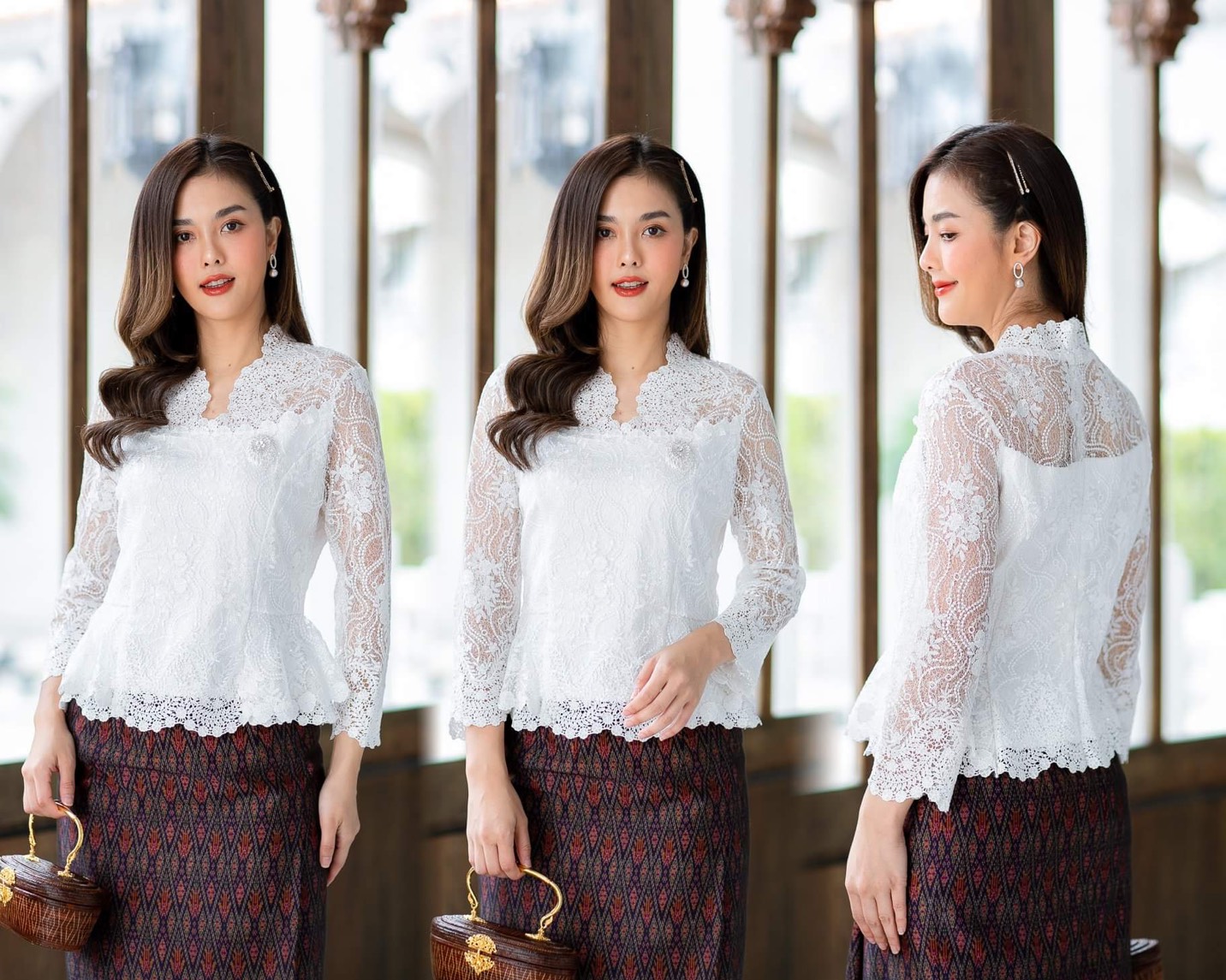Pro-order เช่า ชุดไทยคุณแม่ เสื้อลูกไม้สีขาว คอตั้ง ผ้าซิ่น แยกชิ้น เรียบหรู **สามารถเลือกเปลี่ยนกระโปรงแบบที่ต้องการได้**