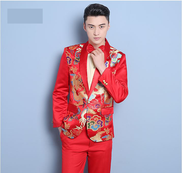 Pre-order ชุดสูทจีนชาย สีแดงปกคอแดง พิมพ์ลายกราฟฟิก