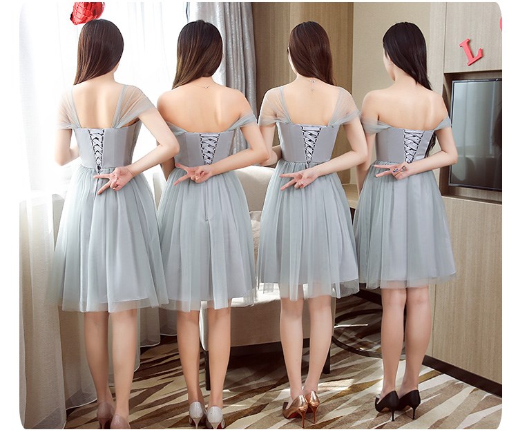 พร้อมเช่า ชุดราตรีสั้น แขนกุด/ปิดไหล่ สีเทา ผ้าตาข่าย น่ารัก (เชือกผูกหลัง)