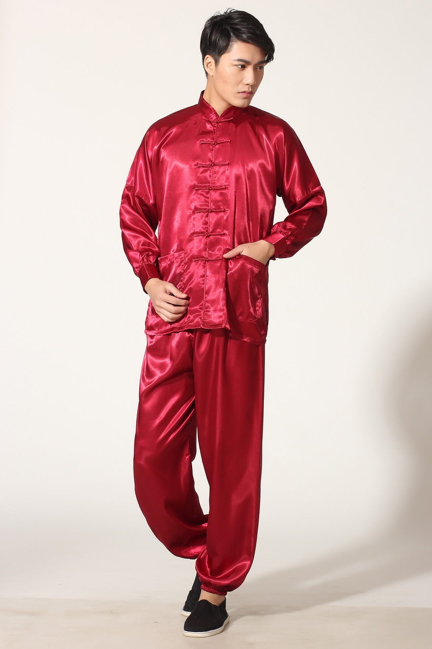 Pre-order ชุดจีนชาย แขนยาว ผ้าแพร สีแดง