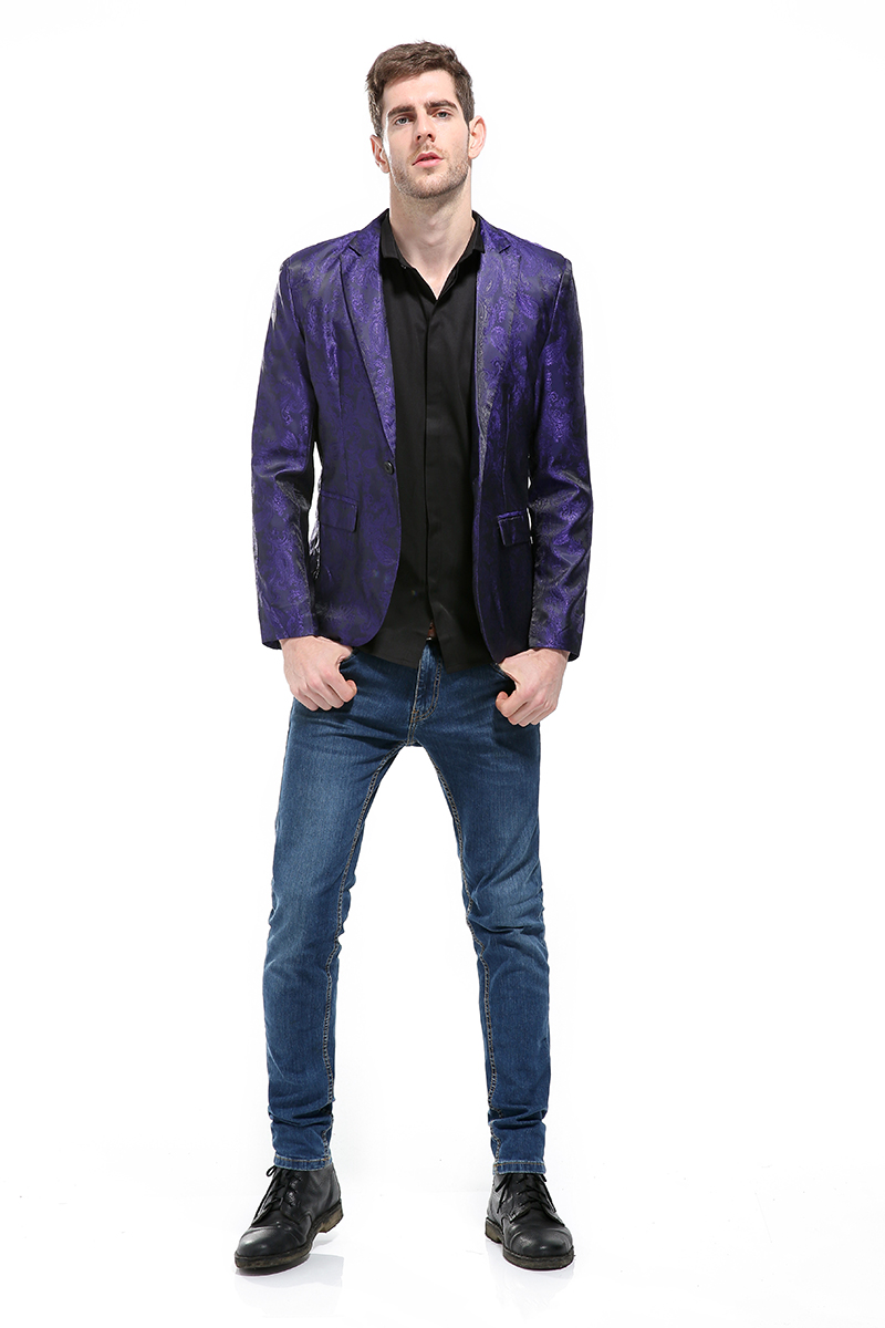 พร้อมเช่า ชุดสูทชาย สีม่วง พิมพ์ลาย เนื้อผ้าแพรแบบหรูมาก ไม่มีเสื้อกั๊ก