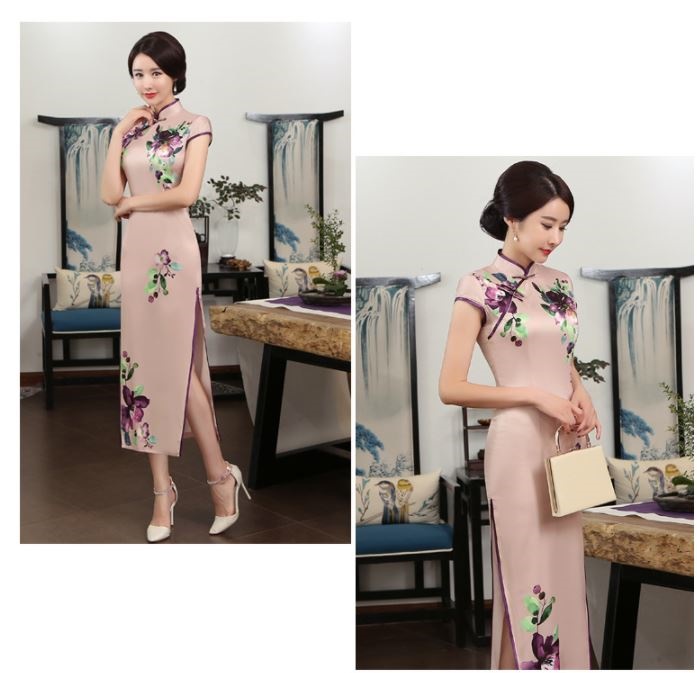 Pre-order กี่เพ้า สีชมพูกะปิ ลายดอกไม้ ผ้าซาติน กุ๊นขอบ ตัดเย็บอย่างดี