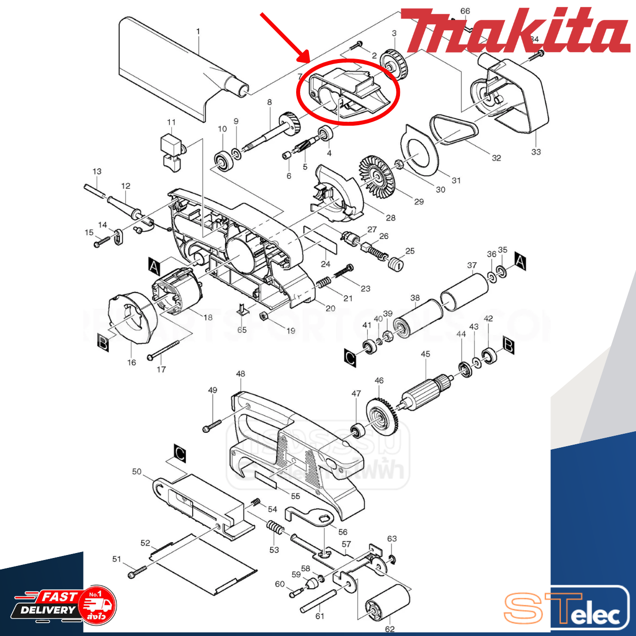 BRACKET เครื่องขัดกระดาษทรายสายพาน Makita 9910 [#7] P/N.416420-2 (แท้) ##