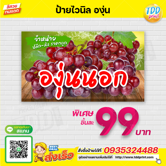 ป้ายไวนิลผลไม้องุ่น V1 ป้ายทนแดด กันน้ำ ภาพคมชัด สีสวยสดใส พร้อมใช้งาน